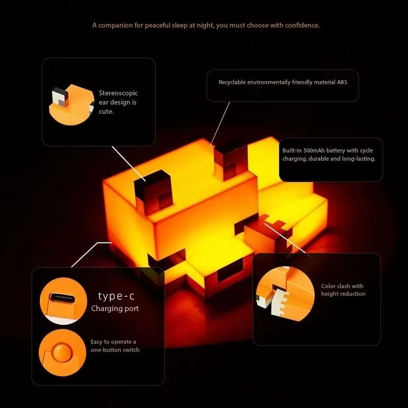 MC Game Cute Fox Night Light Soft Orange Glow Desk Lamp Home Atmosphere Luminous Table Lamp for Playrooms or Children' Bedrooms